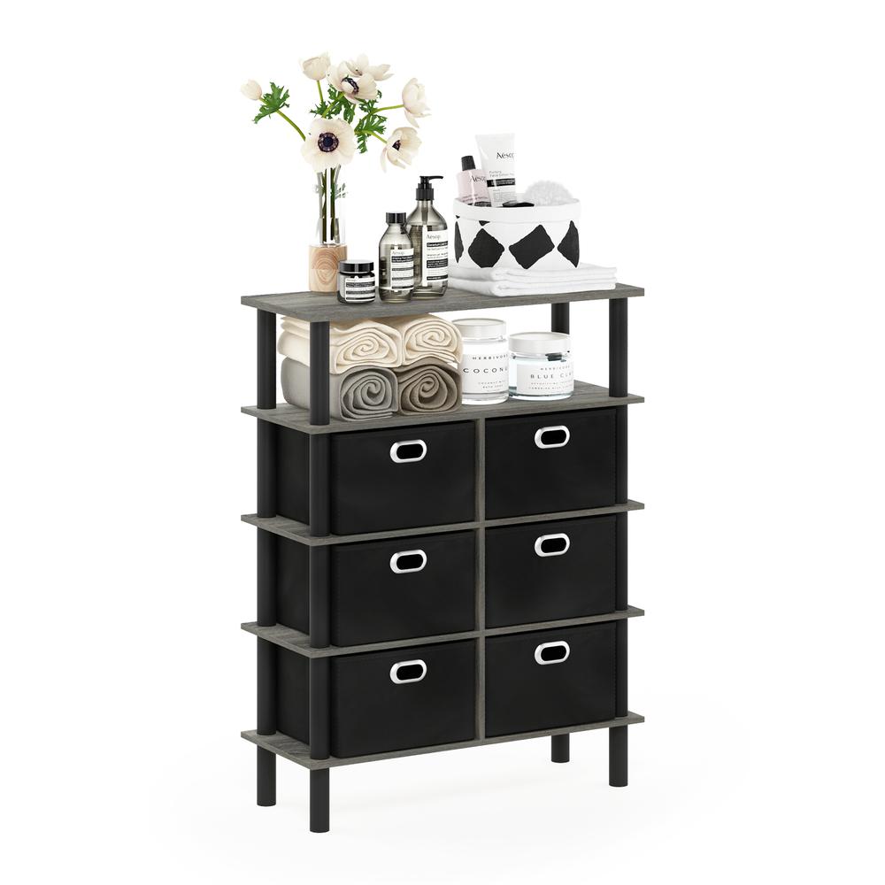 Furinno Frans Turn-N-Tube Console Table with Bin Drawers, French Oak Grey/Black/Black. Picture 4
