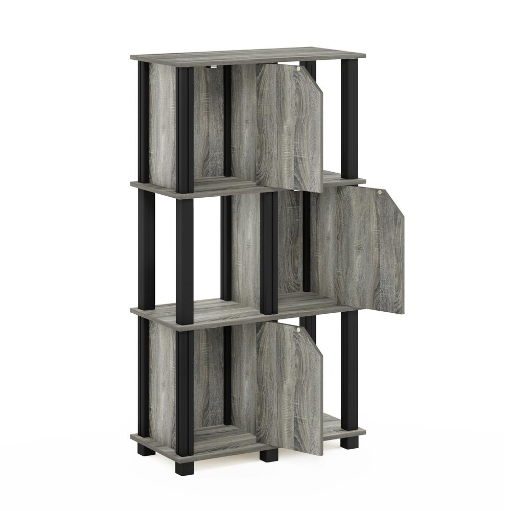 Furinno Brahms 4-Tier Storage Shelf with 3 Doors, French Oak Grey/Black. Picture 4