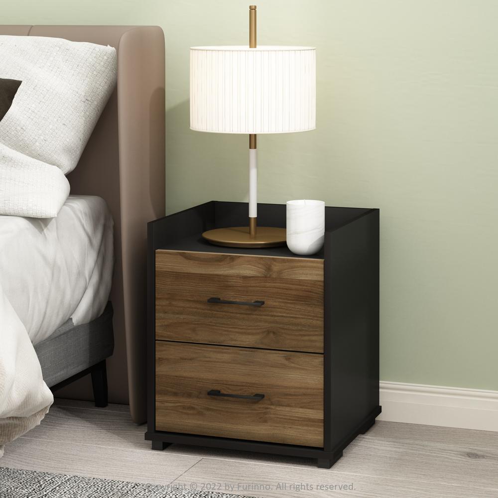 Furinno Tidur Modern Bedroom Bedside Tables Handle 2-Drawer Chest Nightstand, Columbia Walnut/Black. Picture 7