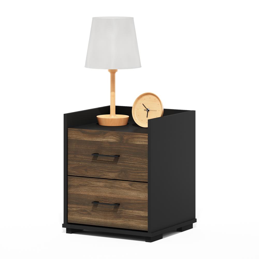 Furinno Tidur Modern Bedroom Bedside Tables Handle 2-Drawer Chest Nightstand, Columbia Walnut/Black. Picture 5