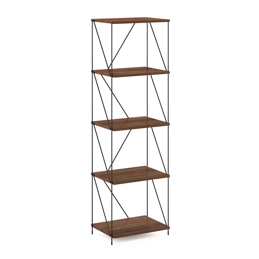 Furinno Besi 5-Tier Industrial Multipurpose Shelf Display Rack with Metal Frame, Narrow, Walnut Cove. Picture 1