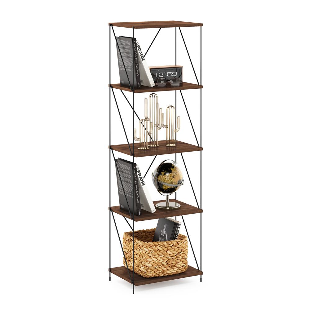 Furinno Besi 5-Tier Industrial Multipurpose Shelf Display Rack with Metal Frame, Narrow, Walnut Cove. Picture 4