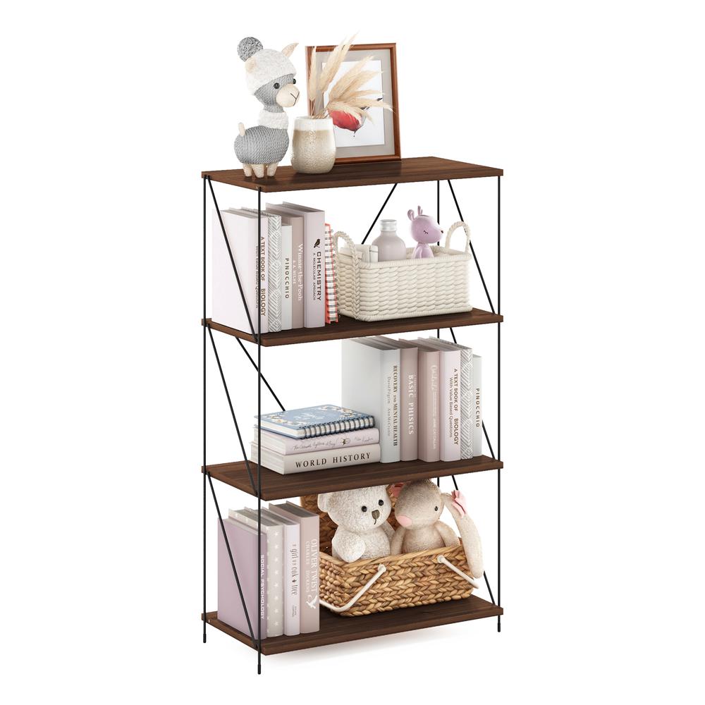 Furinno Besi 4-Tier Industrial Multipurpose Shelf Display Rack with Metal Frame, Walnut Cove. Picture 4