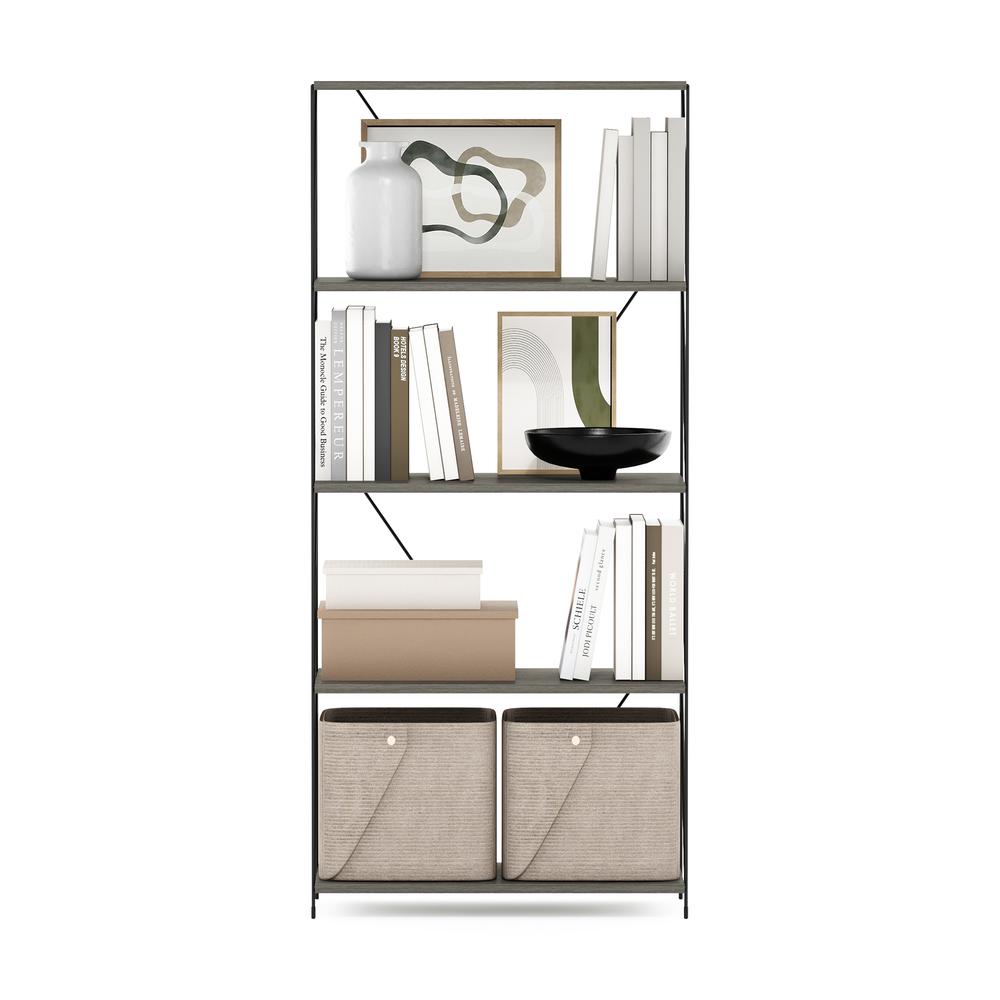 Furinno Besi 5-Tier Industrial Multipurpose Shelf Display Rack with Metal Frame, Wide, Finn Oak. Picture 5