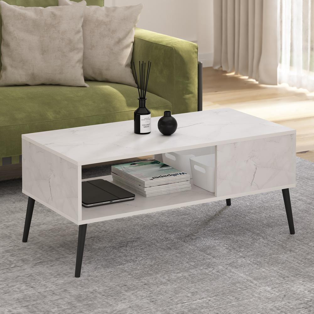 Furinno Claude Mid Century Style Coffee Table with Wood Legs, Marble White. Picture 6