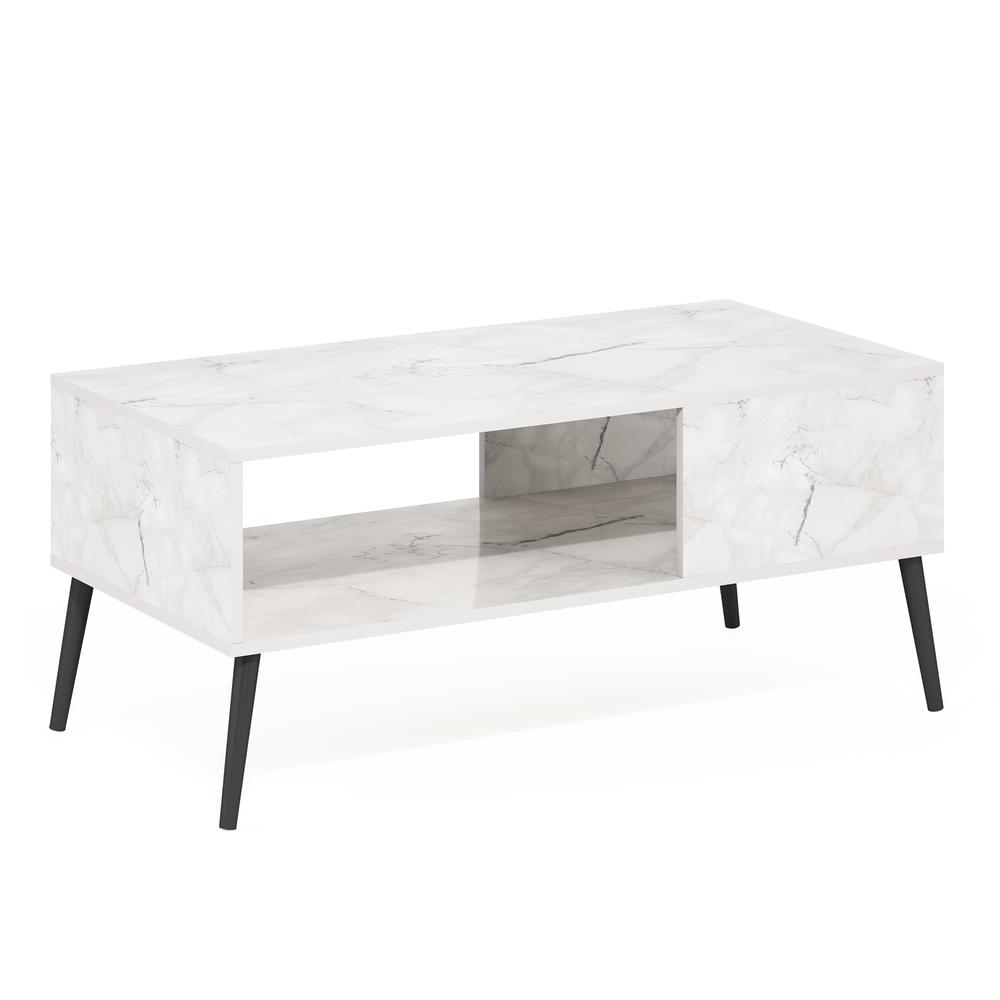 Furinno Claude Mid Century Style Coffee Table with Wood Legs, Marble White. Picture 1