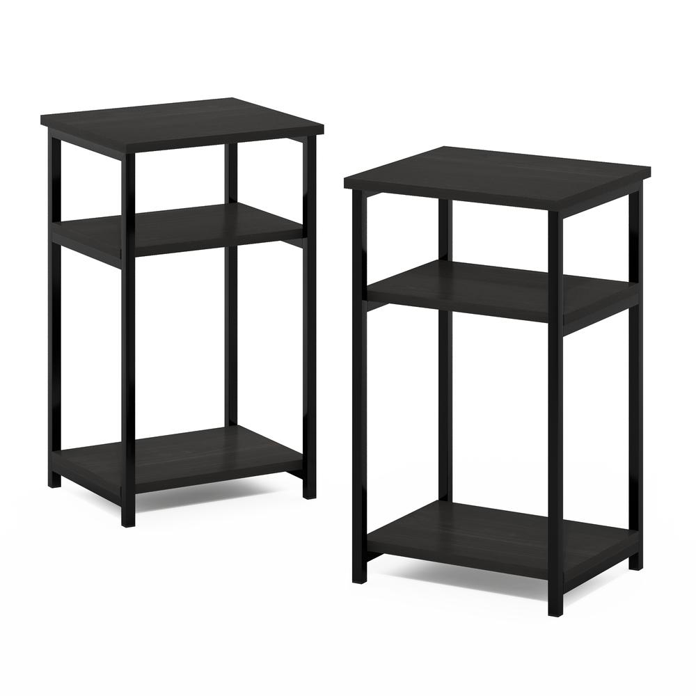 Furinno Just 3-Tier Industrial Metal Frame End Table with Storage Shelves, 2-Pack, Espresso. Picture 1