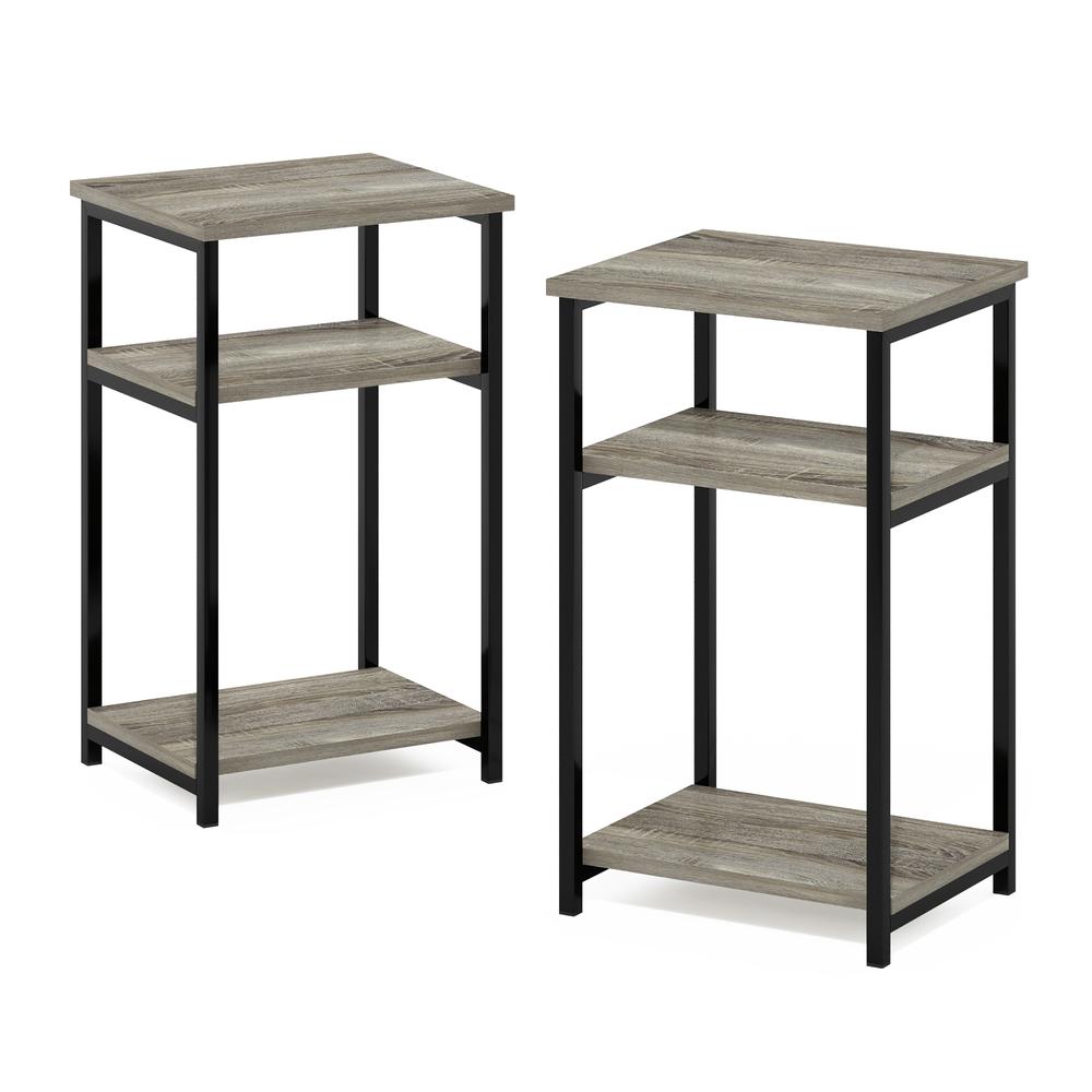 Furinno Just 3-Tier Industrial Metal Frame End Table with Storage Shelves, 2-Pack, French Oak. Picture 1