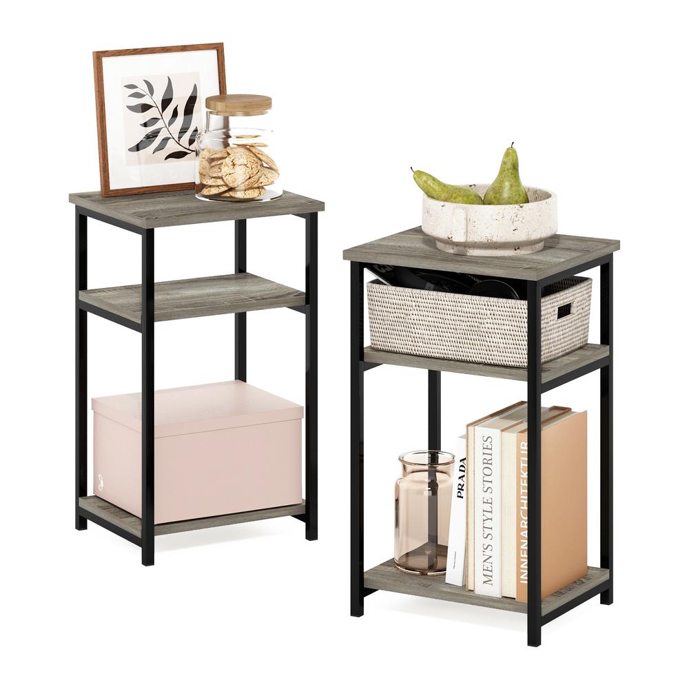 Furinno Just 3-Tier Industrial Metal Frame End Table with Storage Shelves, 2-Pack, French Oak. Picture 3