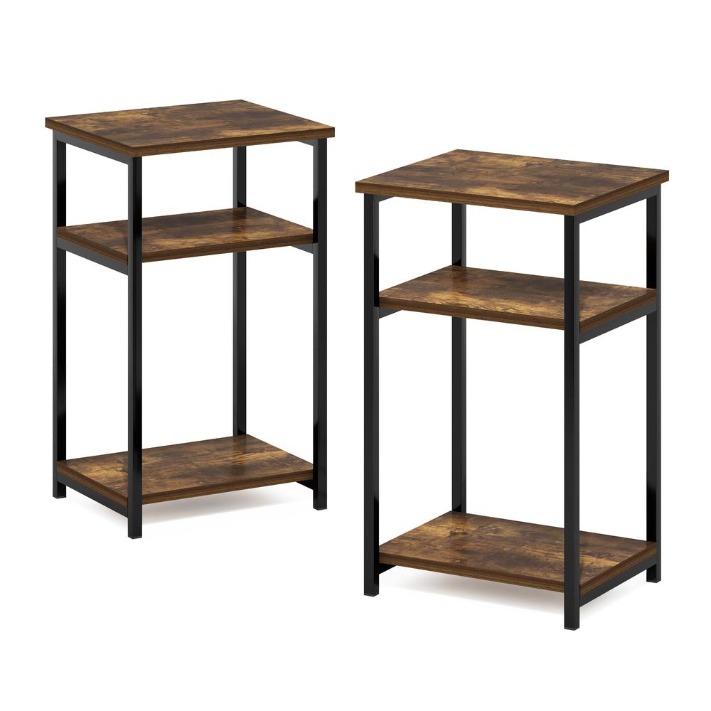 Furinno Just 3-Tier Industrial Metal Frame End Table with Storage Shelves, 2-Pack, Amber Pine. Picture 1