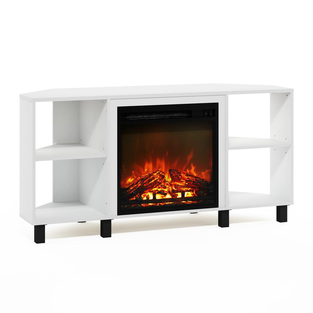 Jensen Corner Fireplace TV Stand with 4 Open Compartments, Solid White. Picture 1