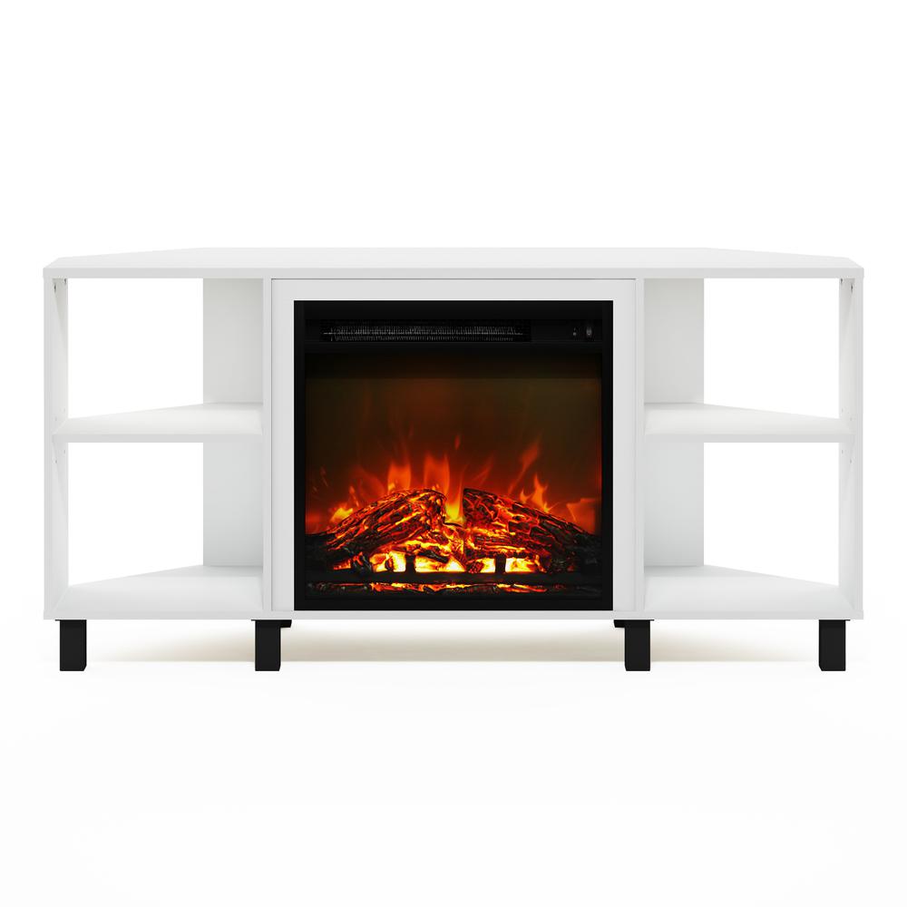 Jensen Corner Fireplace TV Stand with 4 Open Compartments, Solid White. Picture 2