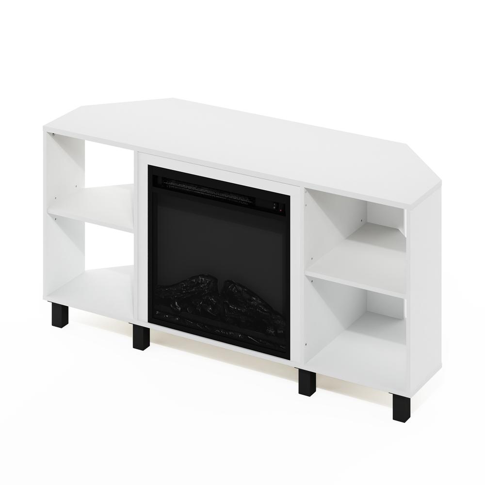 Jensen Corner Fireplace TV Stand with 4 Open Compartments, Solid White. Picture 3