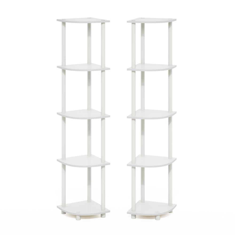 5 Tier Corner Display Rack Multipurpose Shelving Unit, White/White, Set of 2. Picture 1