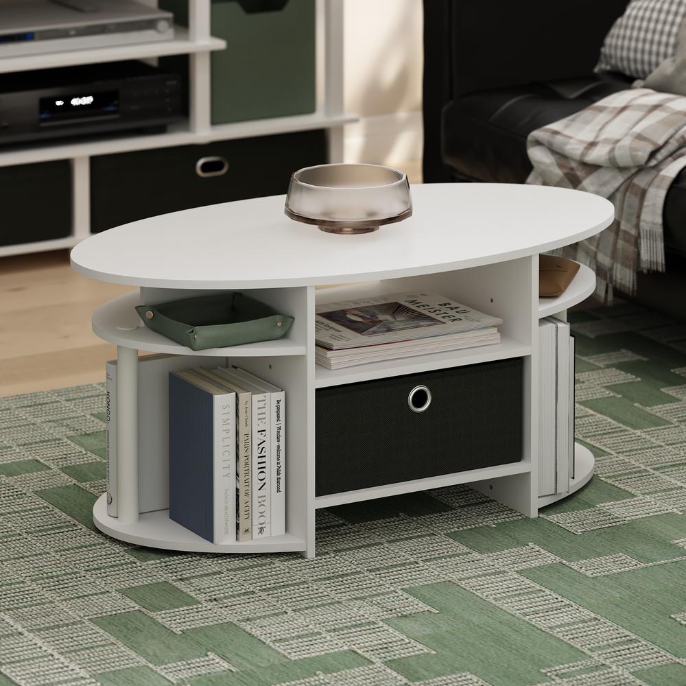 JAYA Simple Design Oval Coffee Table with Bin, White/White/Black. Picture 5