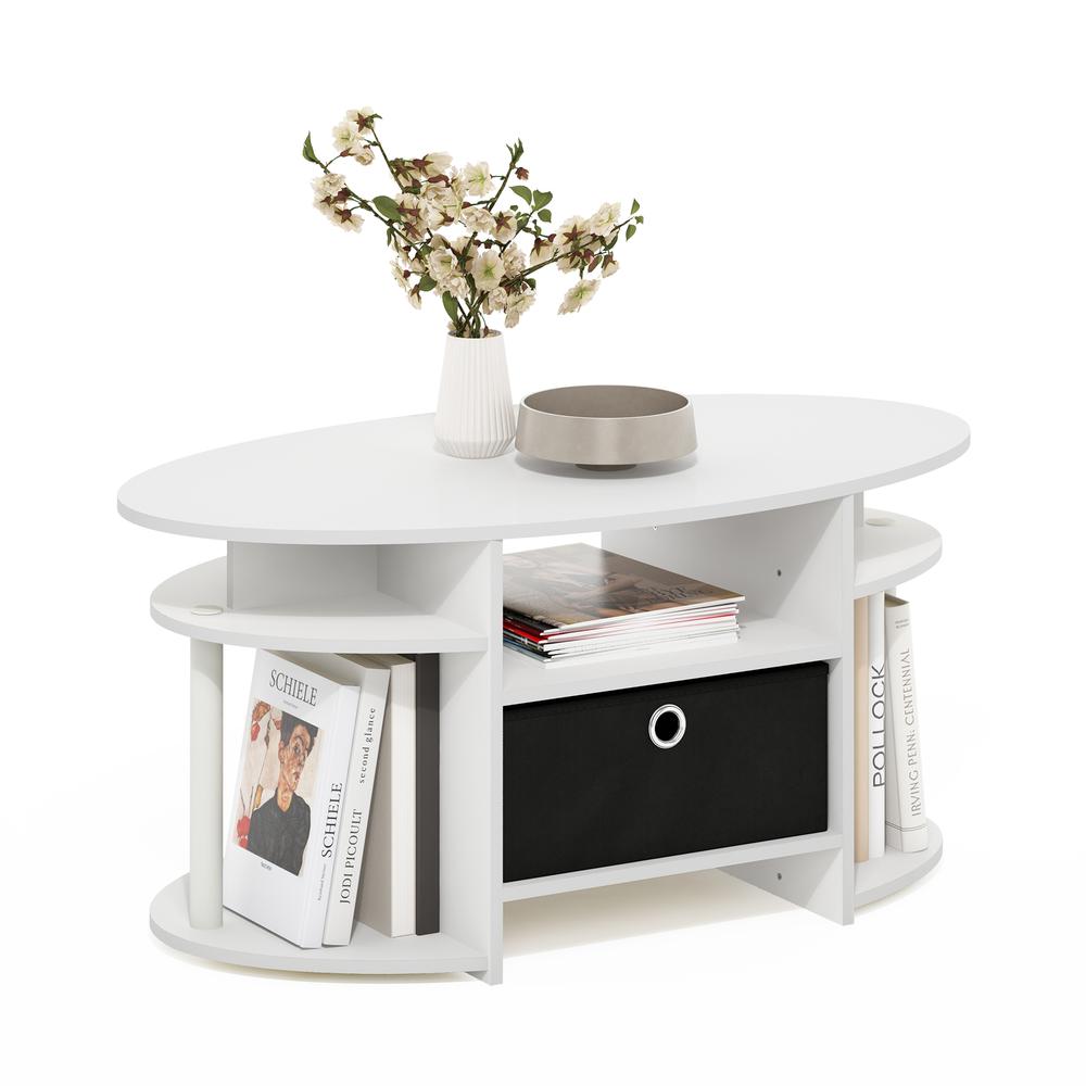 JAYA Simple Design Oval Coffee Table with Bin, White/White/Black. Picture 3