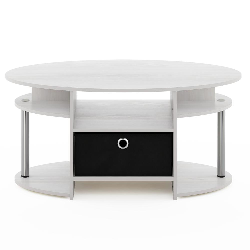 Furinno JAYA Simple Design Oval Coffee Table with Bin, White Oak, Stainless Steel Tubes. Picture 3