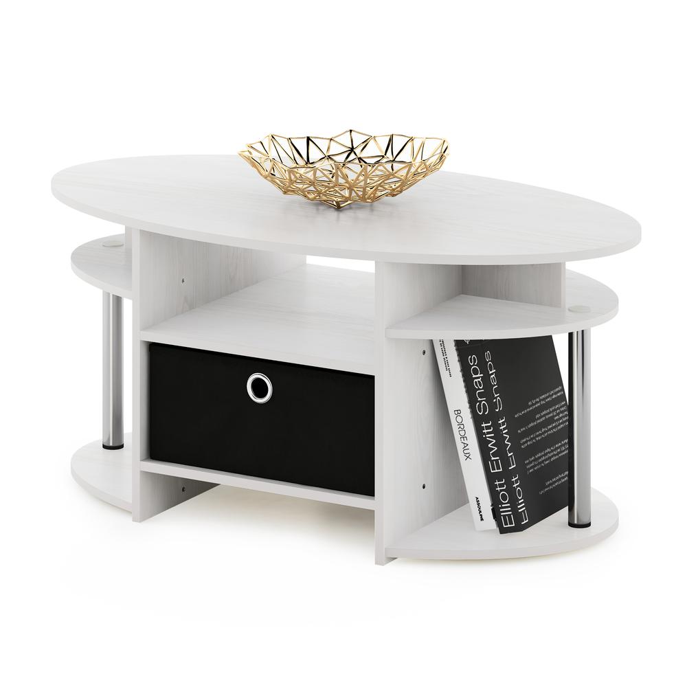 Furinno JAYA Simple Design Oval Coffee Table with Bin, White Oak, Stainless Steel Tubes. Picture 4