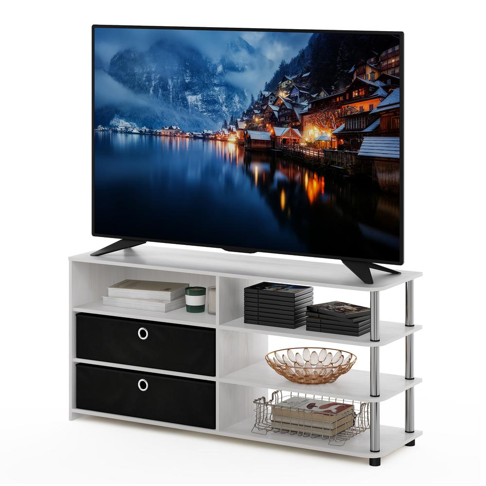 Furinno JAYA Simple Design TV Stand for up to 55-Inch with Bins, White Oak, Stainless Steel Tubes. Picture 4