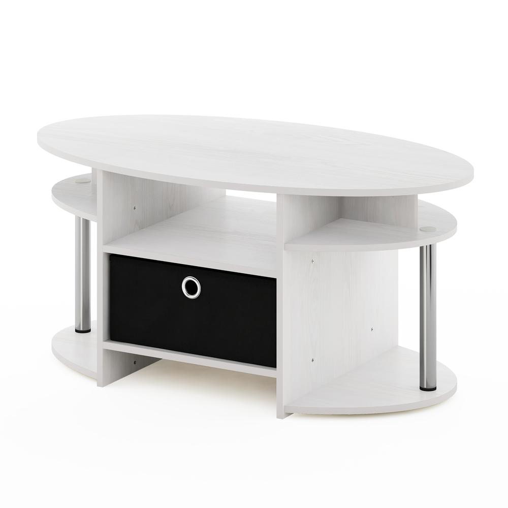 Furinno JAYA Simple Design Oval Coffee Table with Bin, White Oak, Stainless Steel Tubes. Picture 1