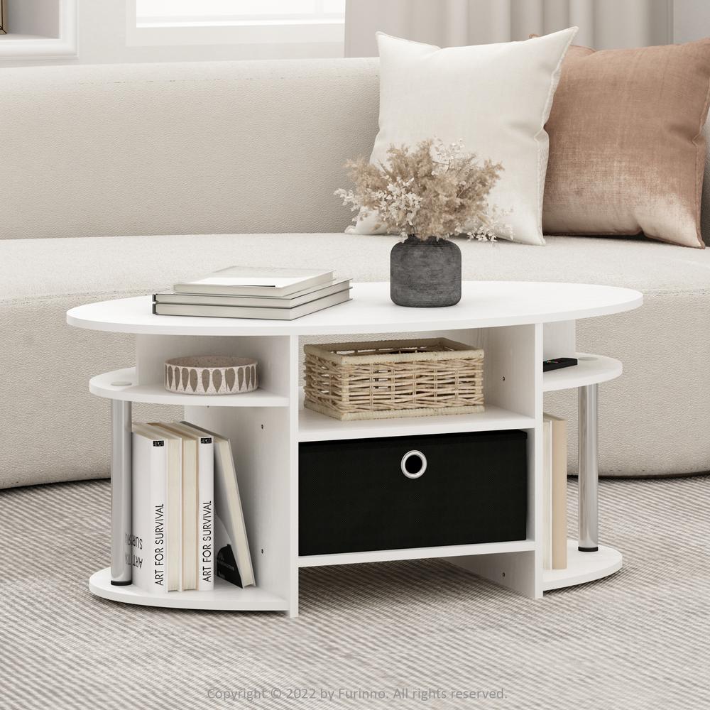 Furinno JAYA Simple Design Oval Coffee Table with Bin, White Oak, Stainless Steel Tubes. Picture 6