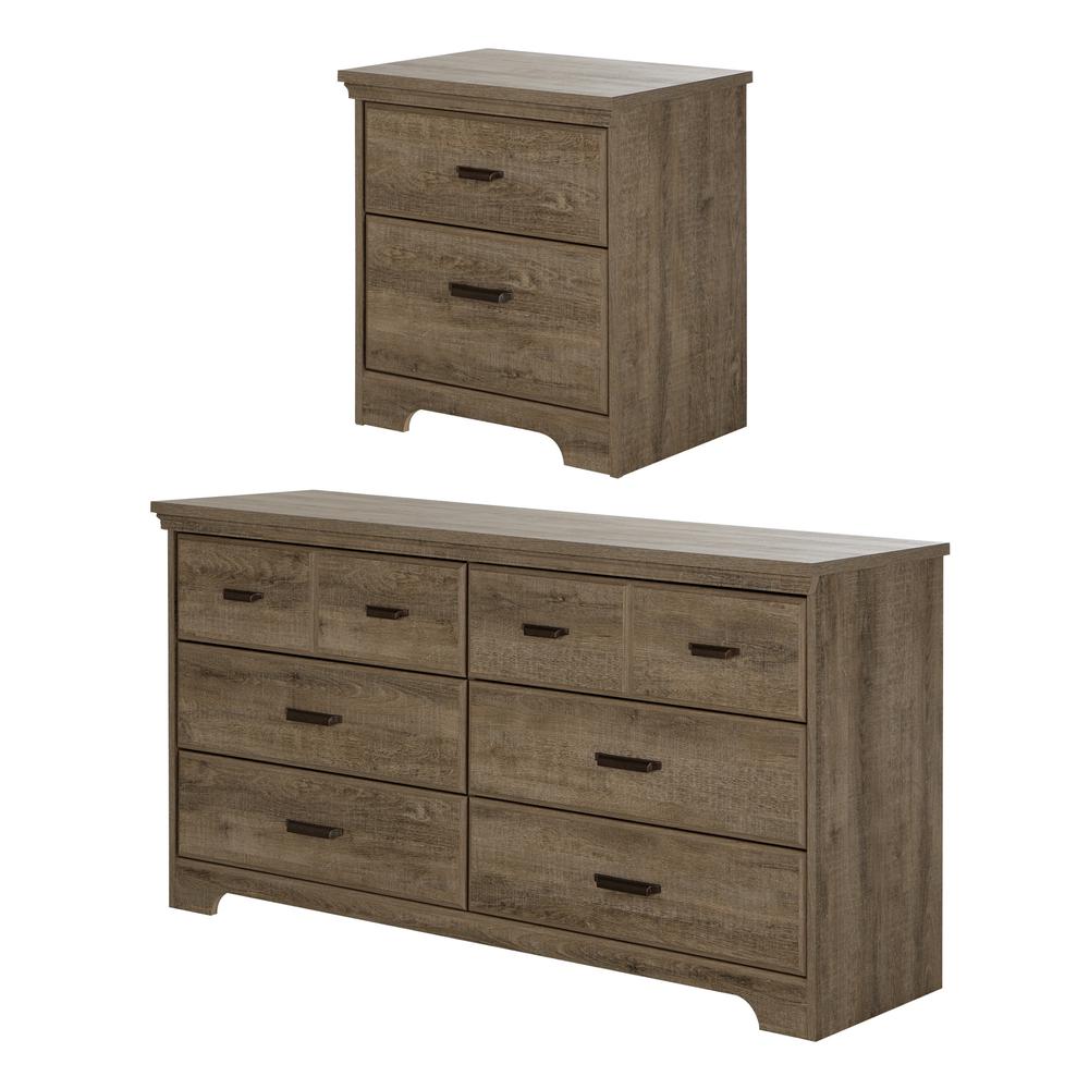 Versa 6-Drawer Double Dresser and Nightstand Set, Weathered Oak. Picture 1