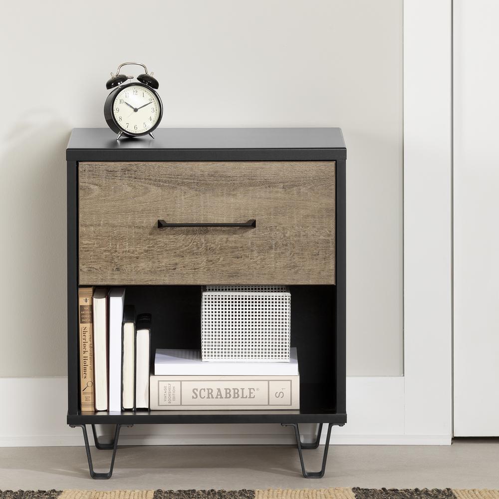 Arlen 1-Drawer Nightstand, Weathered Oak and Matte Black. Picture 2