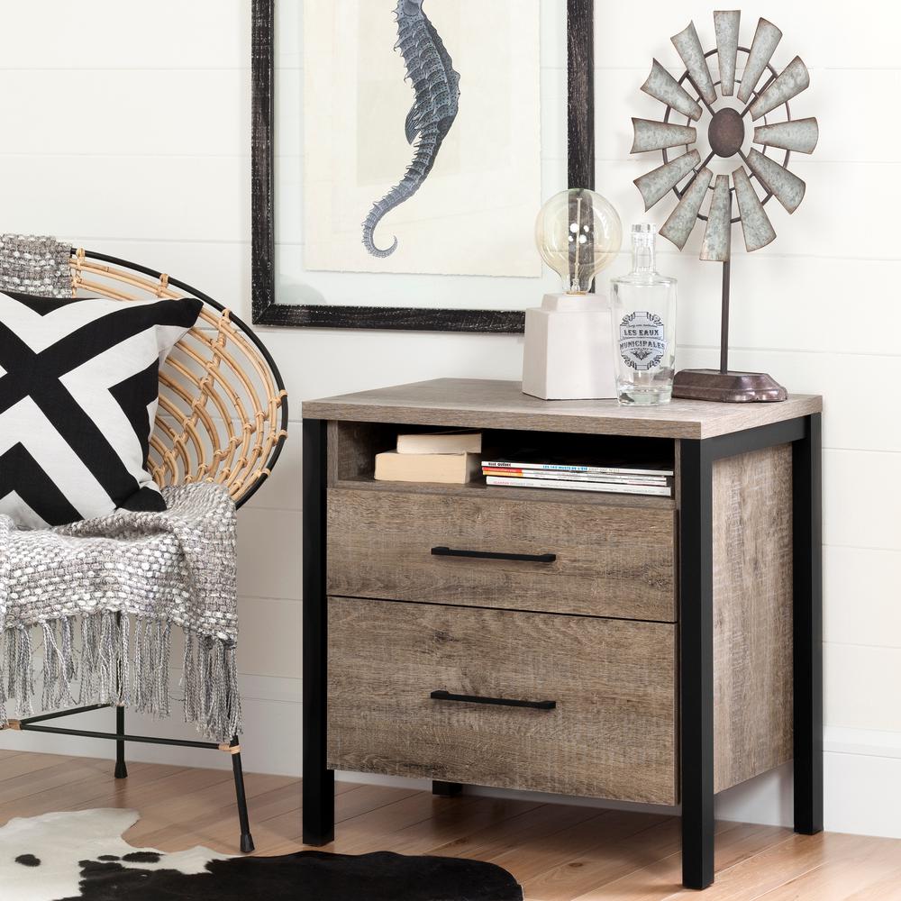 South Shore Munich 2-Drawer Nightstand, Weathered Oak and Matte Black. Picture 1