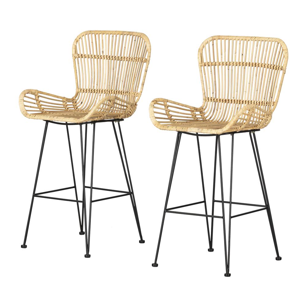 Balka Rattan Counter Stool with Armrests, Set of 2, Rattan and Black. Picture 1