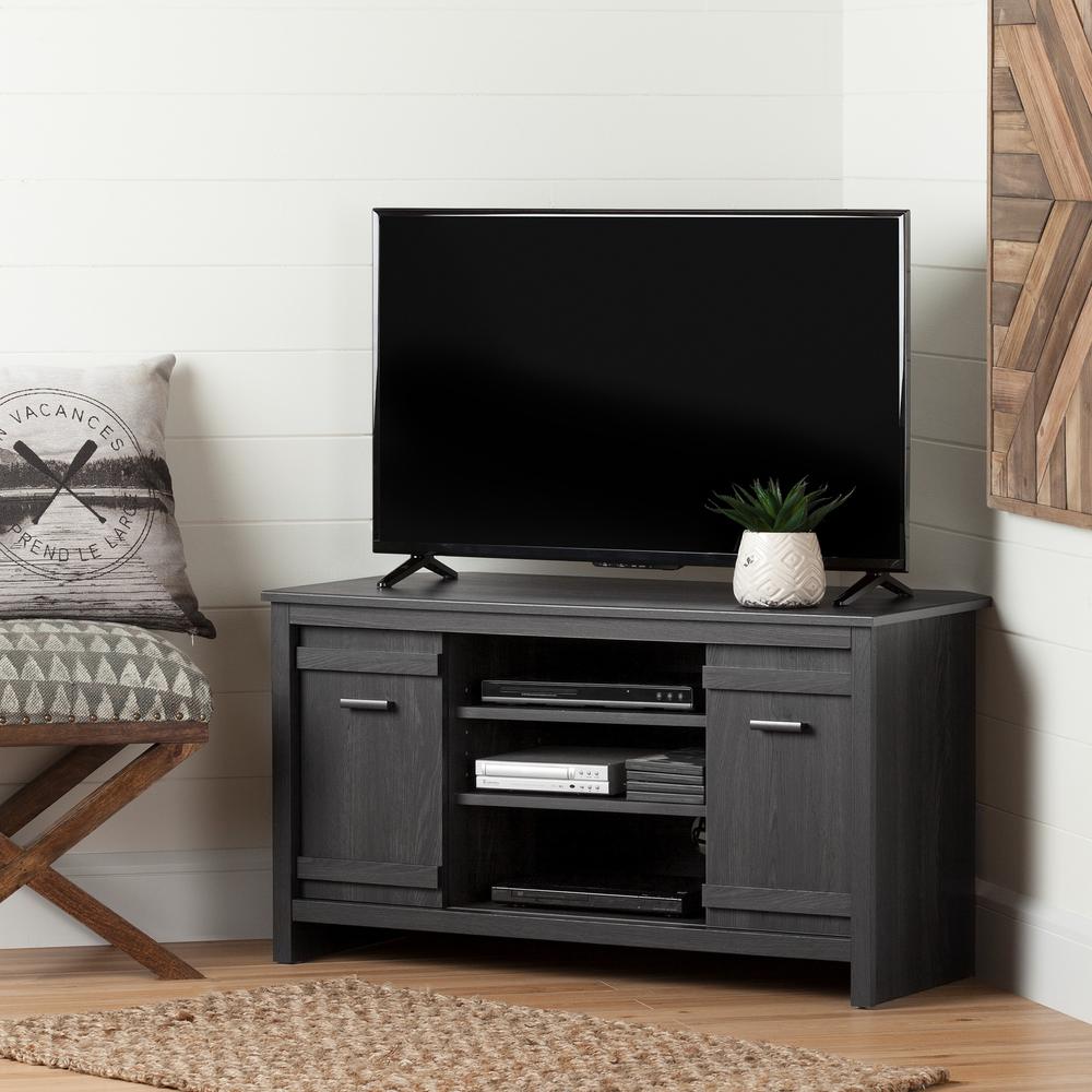 Exhibit Corner TV Stand, for TVs up to 42'', Gray Oak. Picture 1