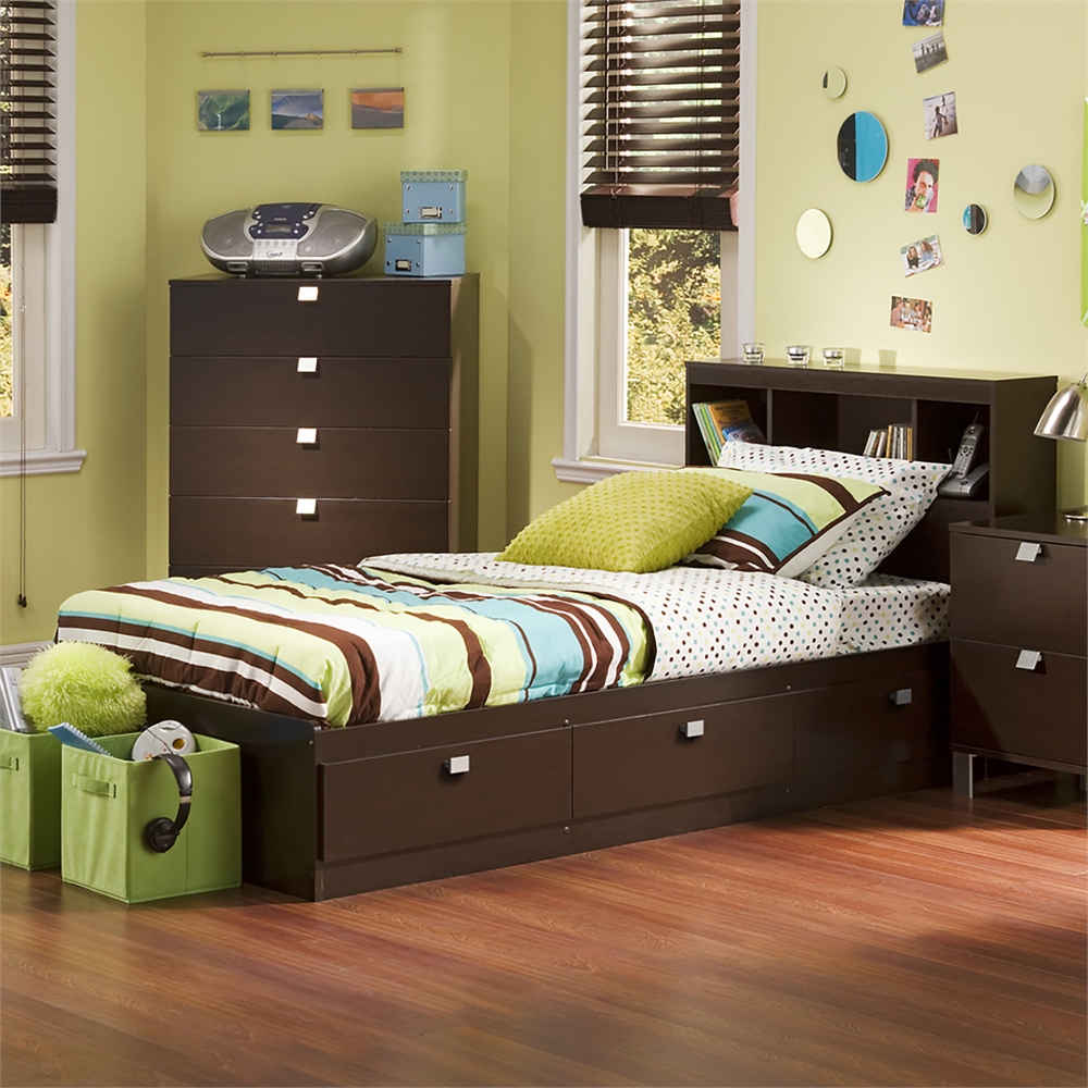 South Shore Spark Twin Storage Bed and Bookcase Headboard, Chocolate. Picture 2