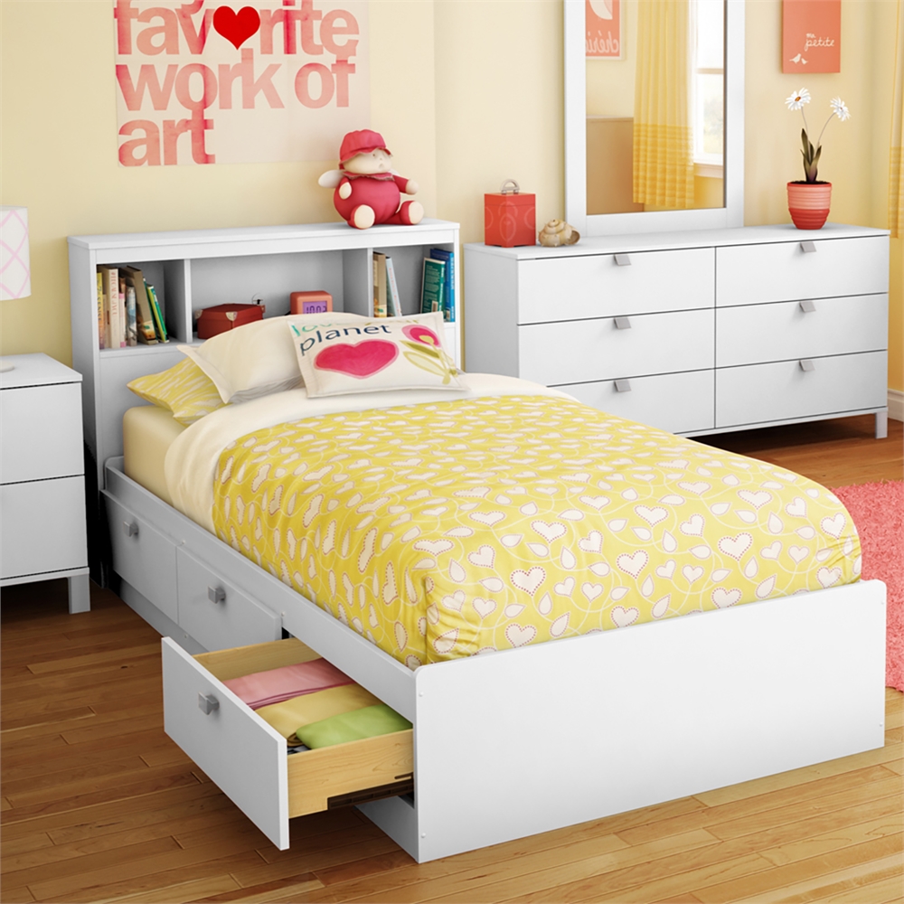 South Shore Spark Twin Storage Bed and Bookcase Headboard, Pure White. Picture 2