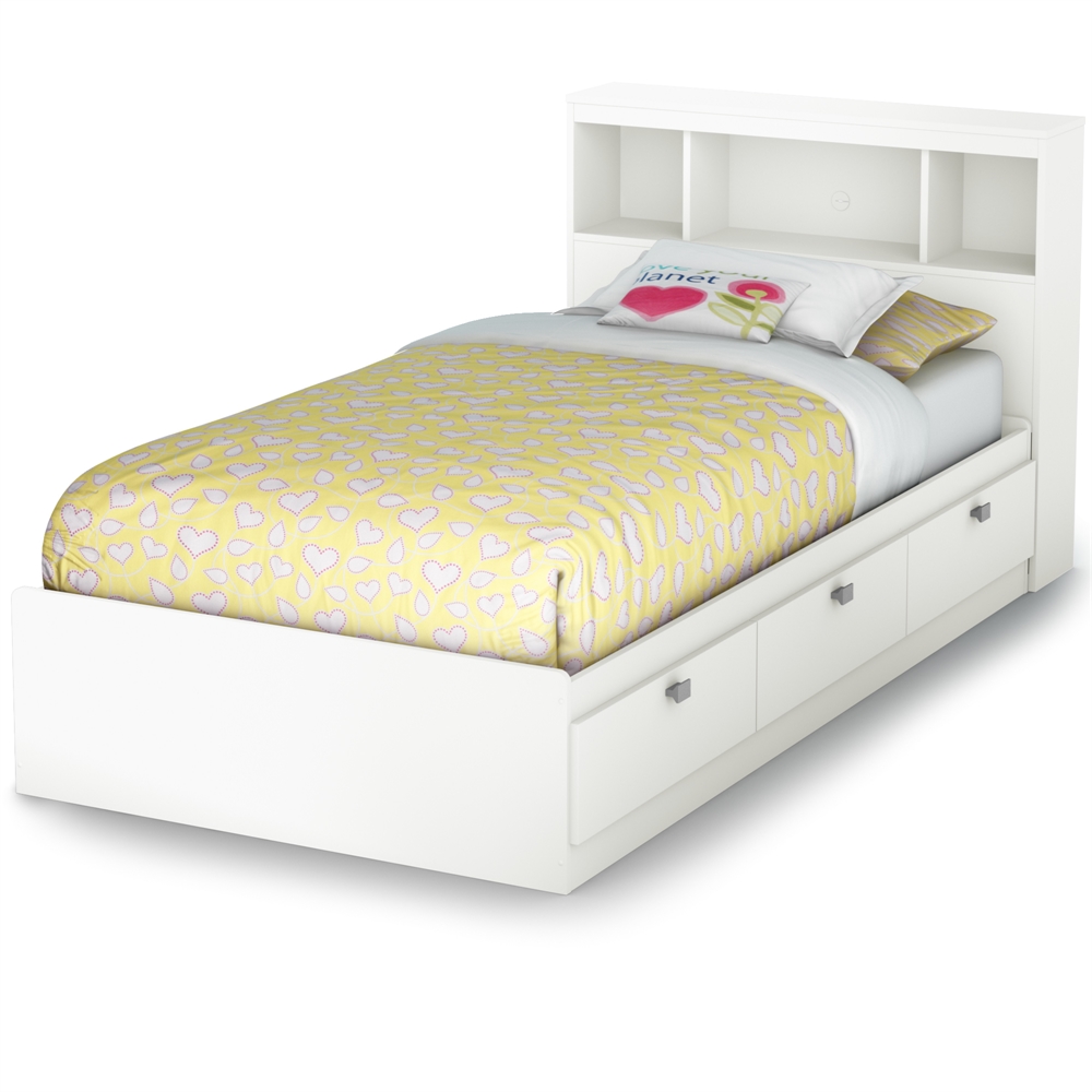 South Shore Spark Twin Storage Bed and Bookcase Headboard, Pure White. Picture 1