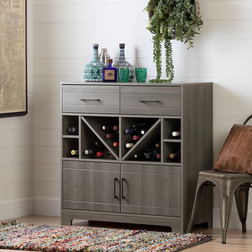 Vietti Bar Cabinet with Bottle Storage and Drawers, Gray Maple. Picture 2