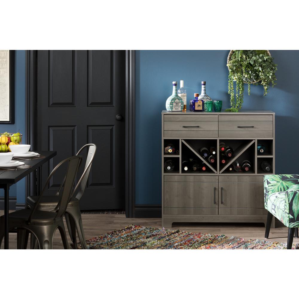 Vietti Bar Cabinet with Bottle Storage and Drawers, Gray Maple. Picture 3