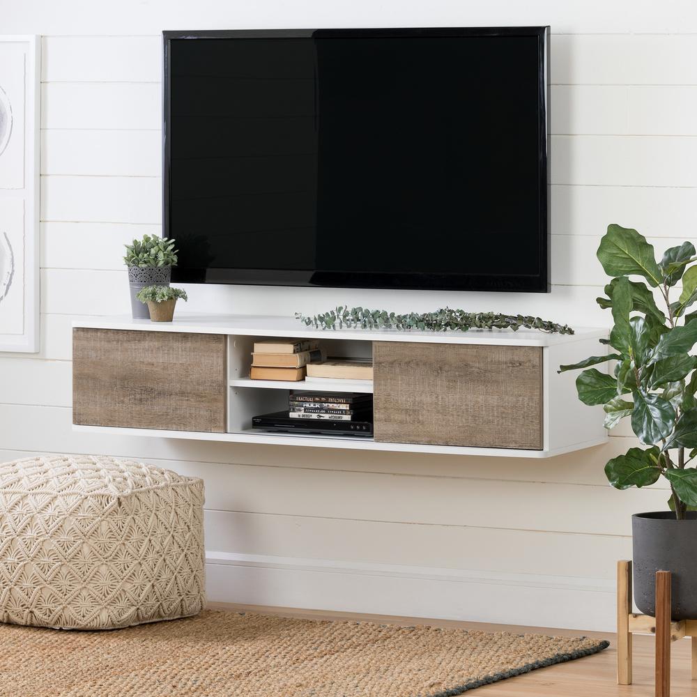 South Shore Agora 56" Wide Wall Mounted Media Console, Pure White and Weathered Oak. Picture 1