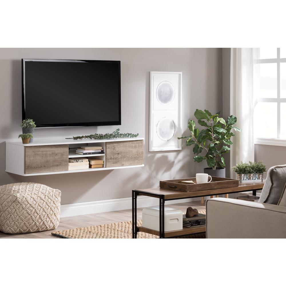 South Shore Agora 56" Wide Wall Mounted Media Console, Pure White and Weathered Oak. Picture 3