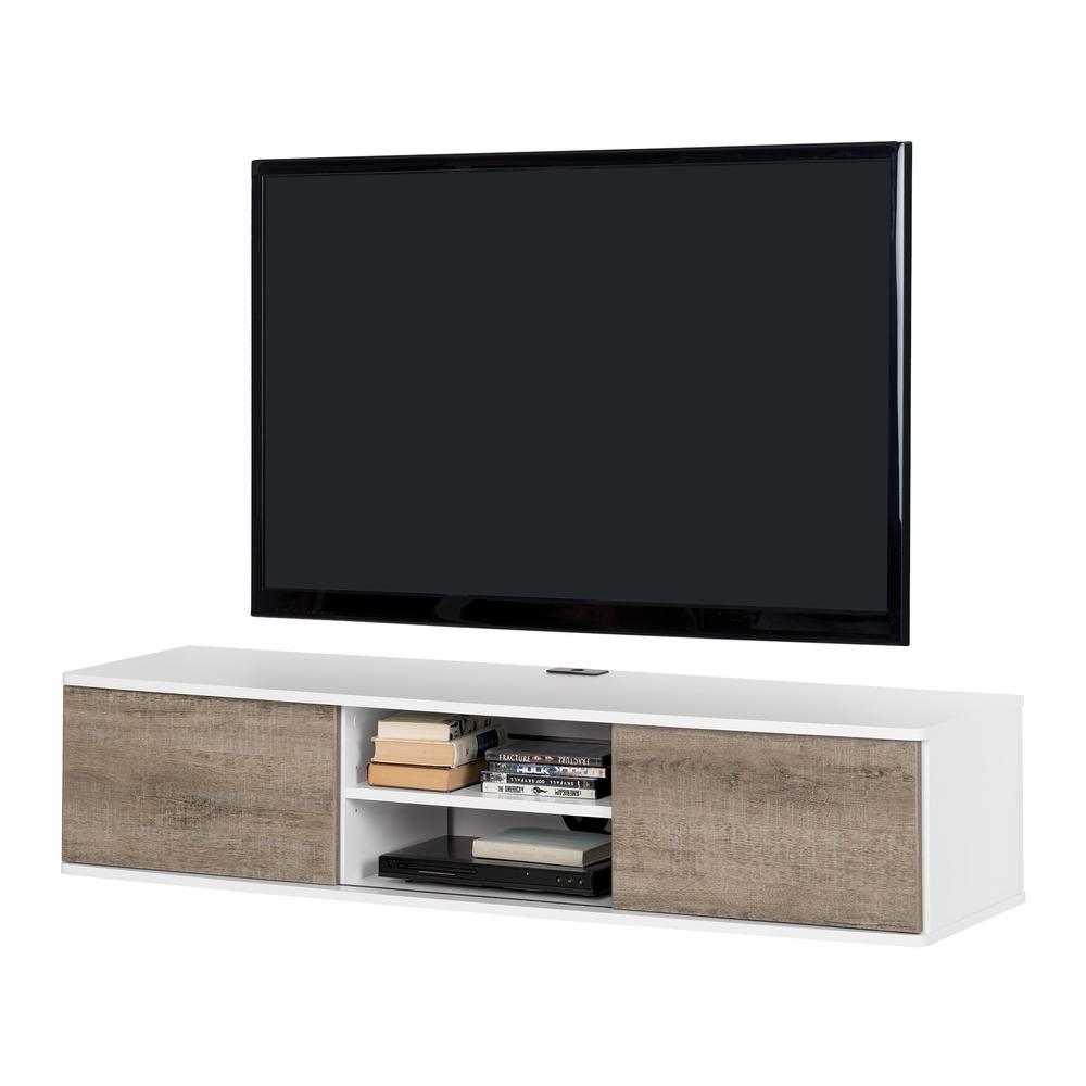 South Shore Agora 56" Wide Wall Mounted Media Console, Pure White and Weathered Oak. Picture 2