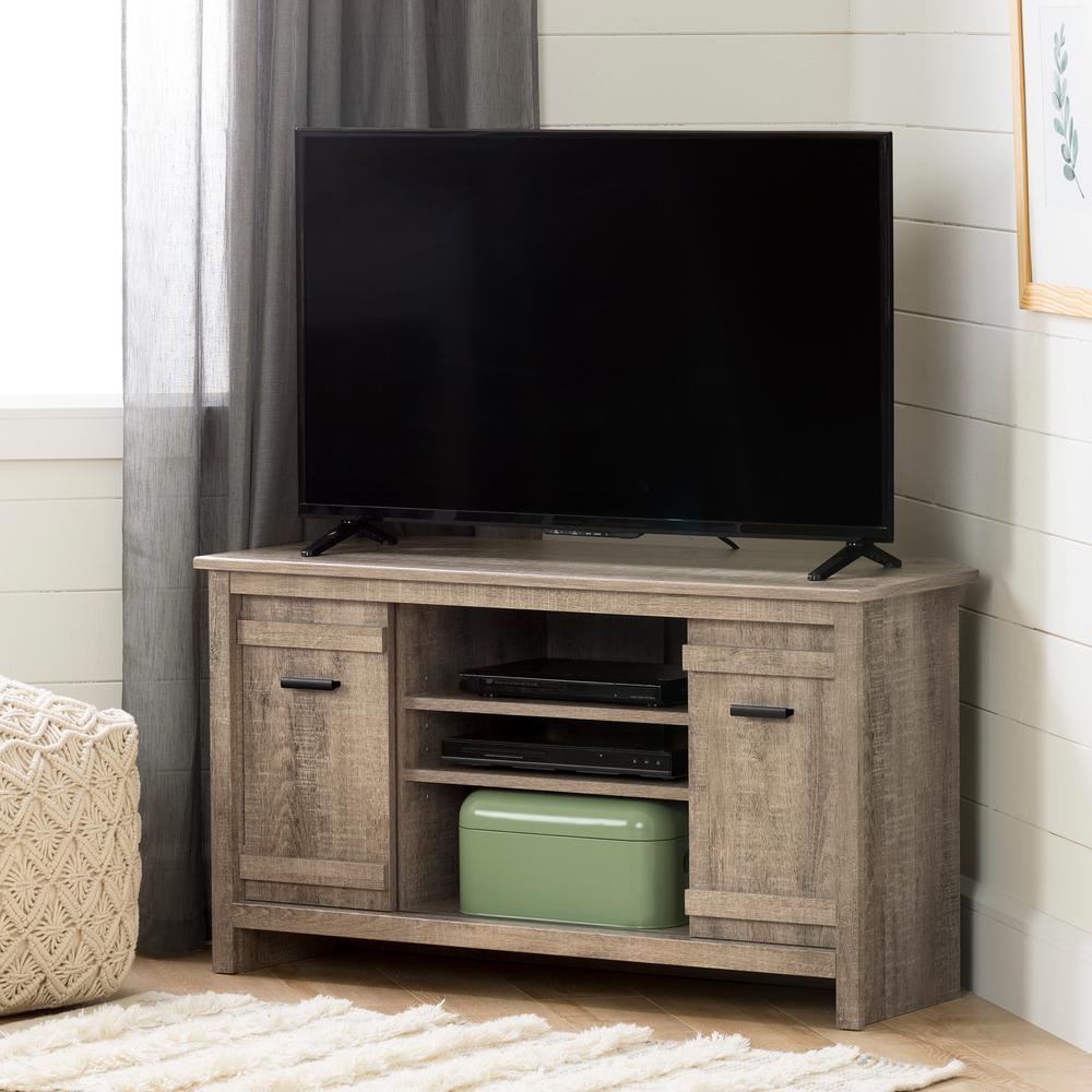 Exhibit Corner TV Stand, for TVs up to 42'', Weathered Oak. Picture 1