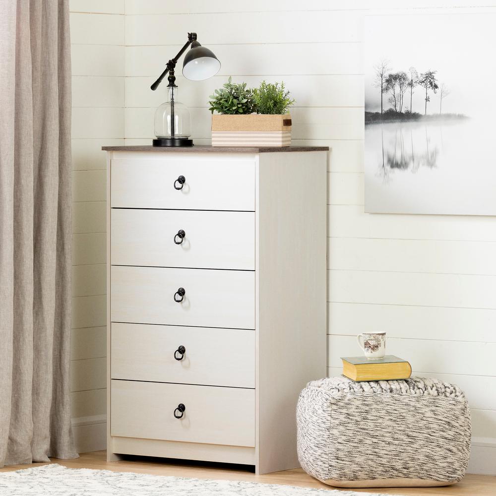 Plenny 5-Drawer Chest, White Wash and Weathered Oak, W29.75 x D19 x H48.75. Picture 1