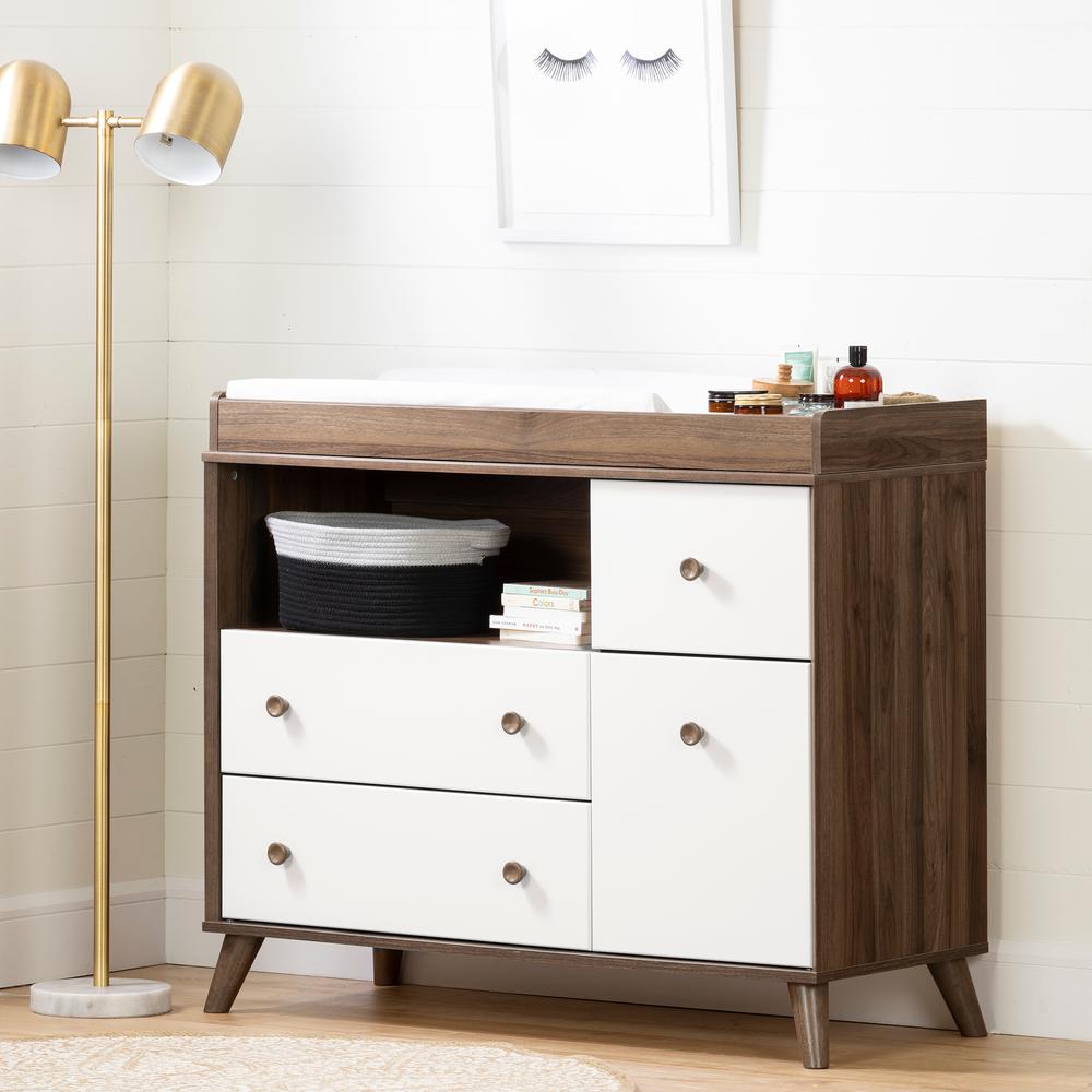 Yodi Changing Table with Drawers, Natural Walnut and Pure White. Picture 1