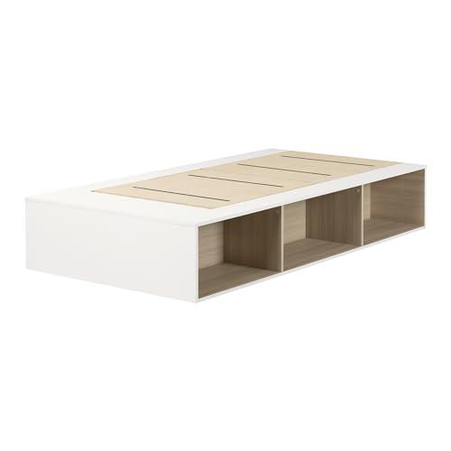 Hourra Platform Bed with Open Storage, Soft Elm and White. Picture 1