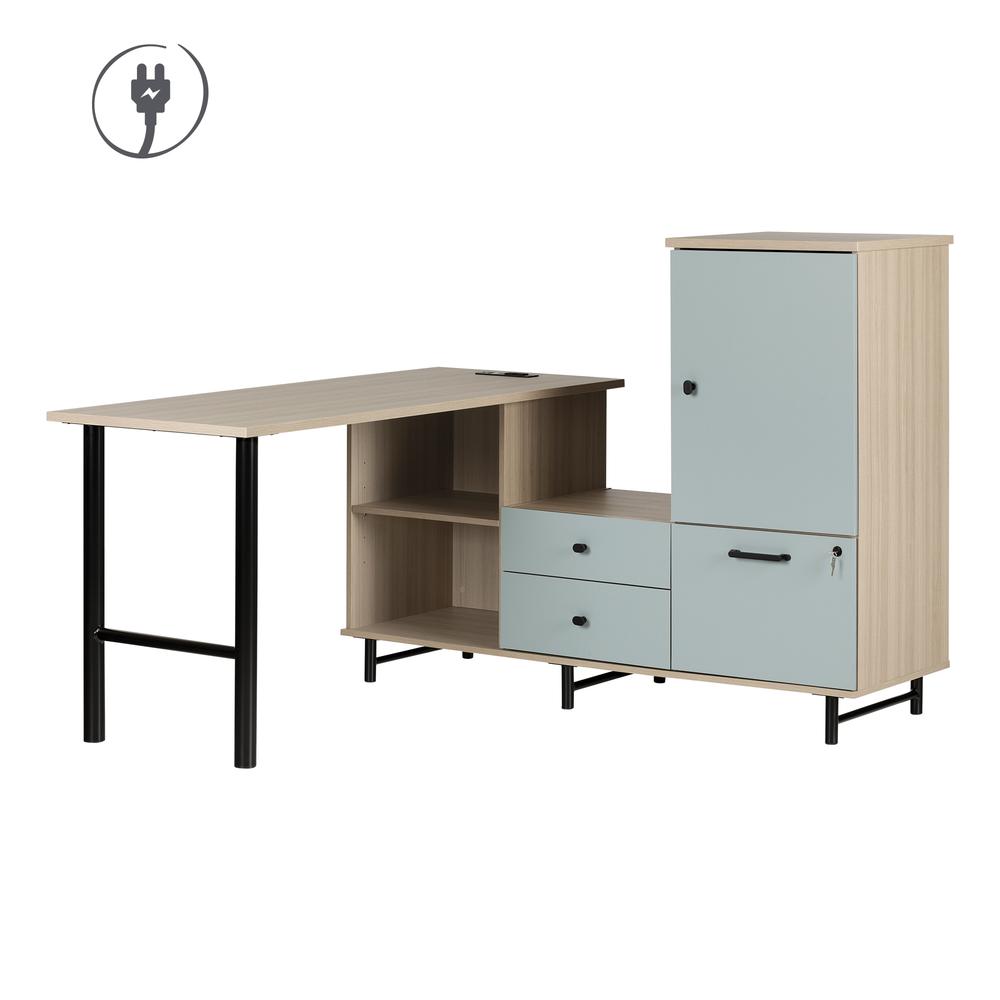 Zelia L-Shaped Desk with Built In Power Bar, Soft Elm and Steel Blue. The main picture.