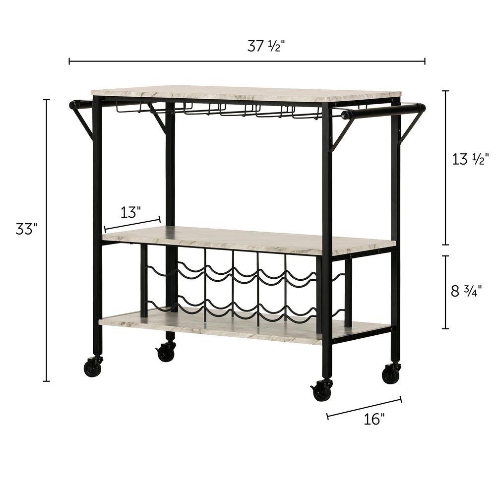 Maliza Bar Cart with Wine Bottle Storage and Wine Glass Rack, Faux Marble and Black. Picture 4