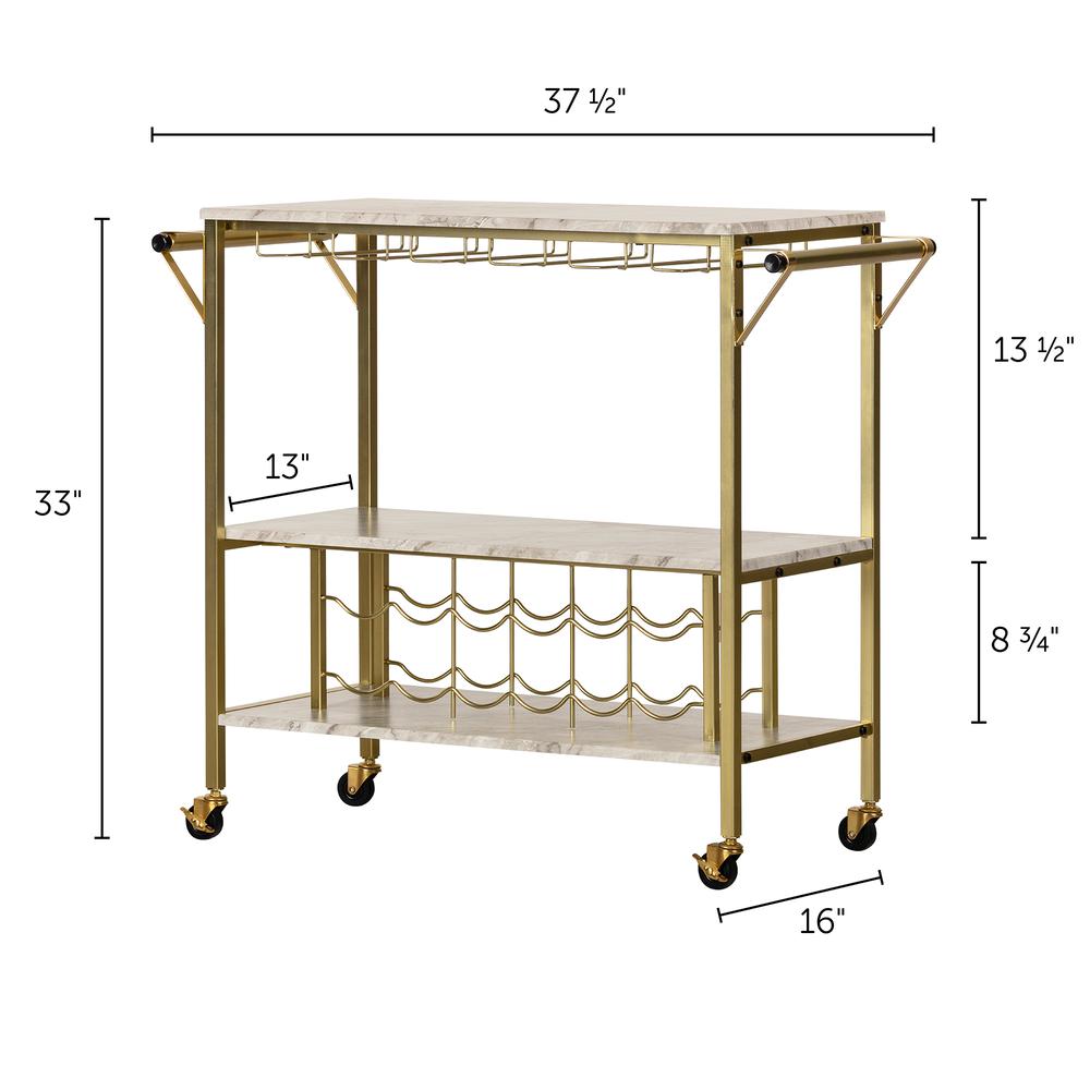 Maliza Bar Cart with Wine Bottle Storage and Wine Glass Rack, Faux Marble and Gold. Picture 4