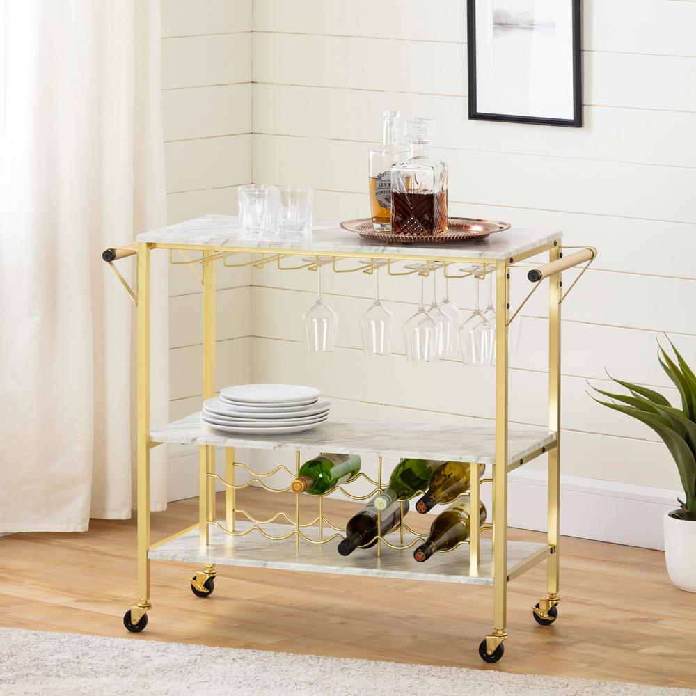 Maliza Bar Cart with Wine Bottle Storage and Wine Glass Rack, Faux Marble and Gold. Picture 1