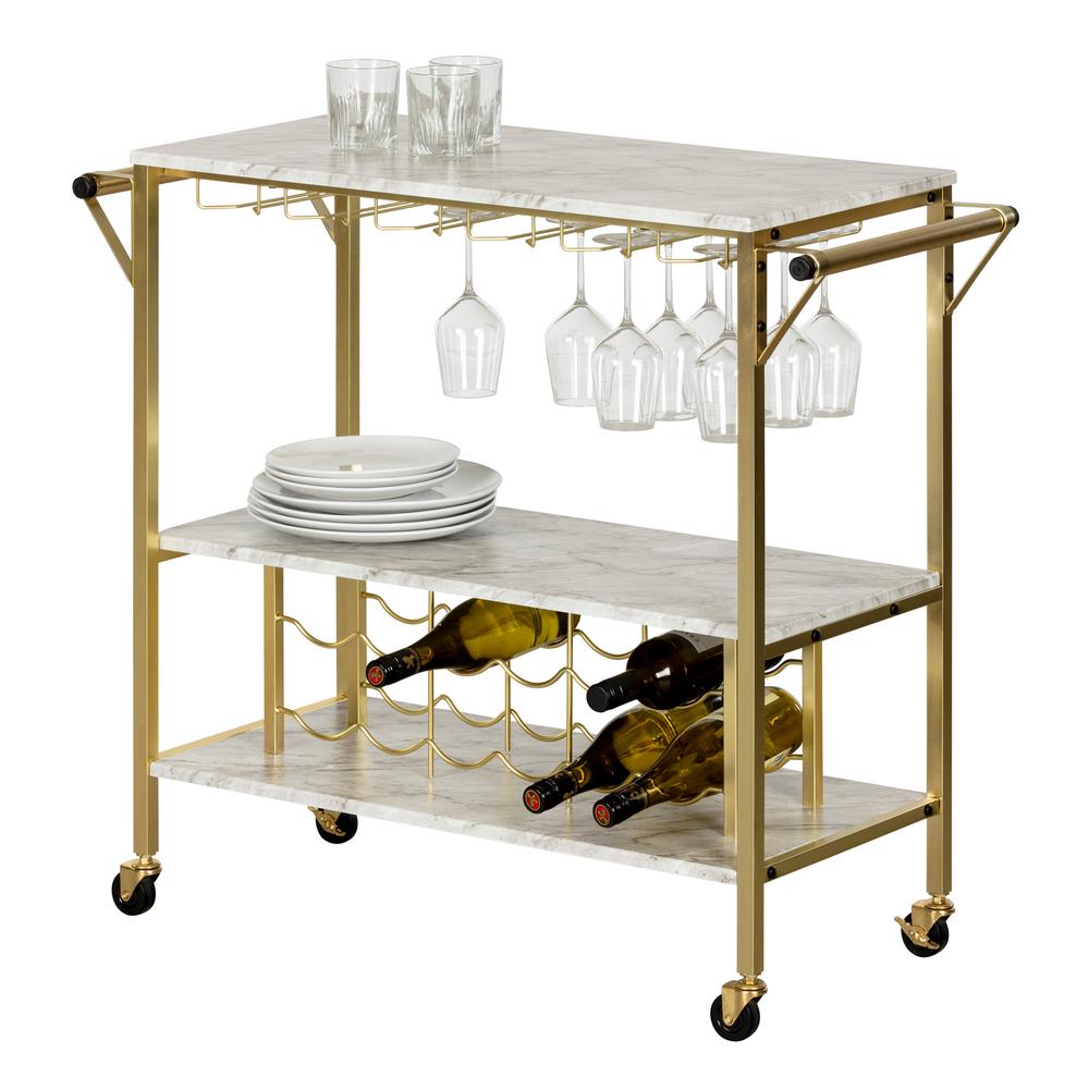 Maliza Bar Cart with Wine Bottle Storage and Wine Glass Rack, Faux Marble and Gold. Picture 2