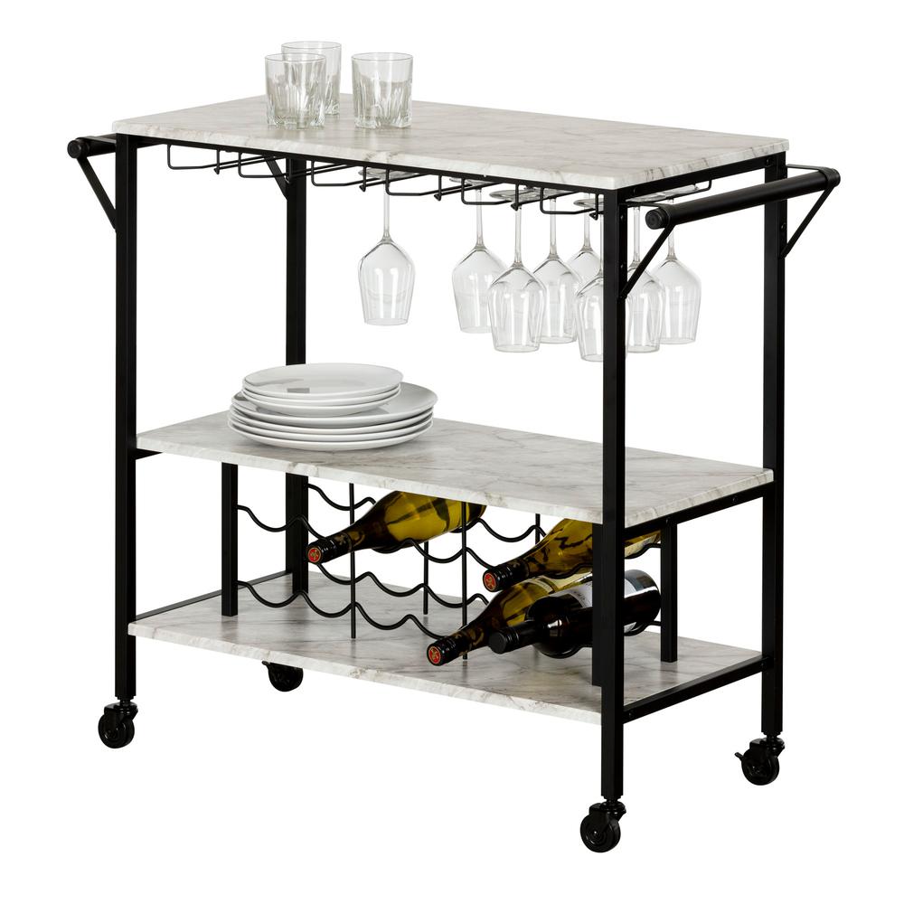 Maliza Bar Cart with Wine Bottle Storage and Wine Glass Rack, Faux Marble and Black. Picture 2