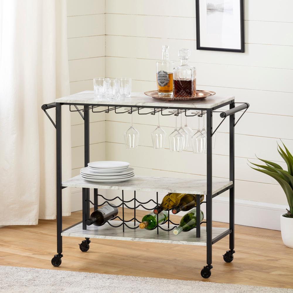 Maliza Bar Cart with Wine Bottle Storage and Wine Glass Rack, Faux Marble and Black. Picture 1