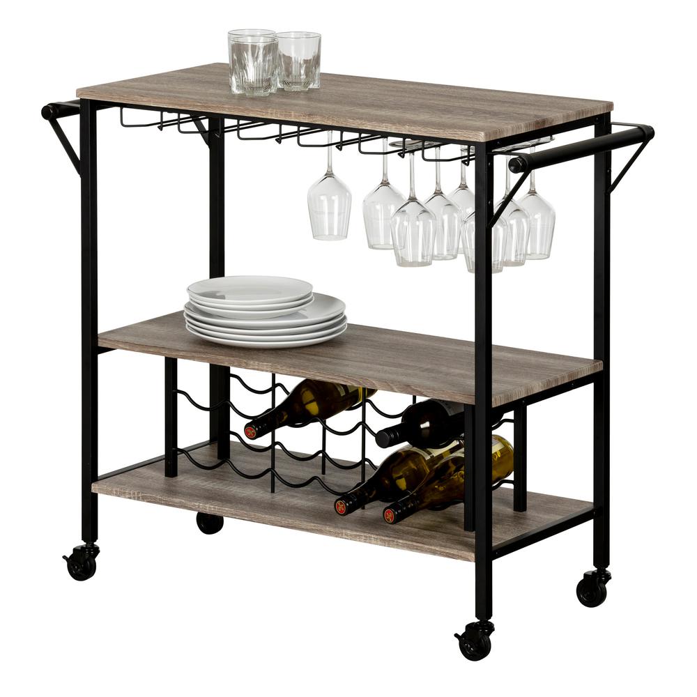 Munich Bar Cart with Wine Rack, Weathered Oak and Matte Black. Picture 2